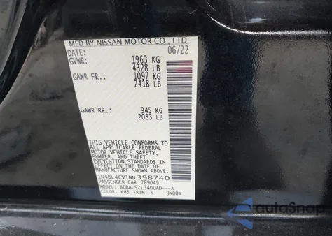 2022 Nissan Altima Sr Fwd from USA, damaged, VIN 1N4BL4CV1NN398740